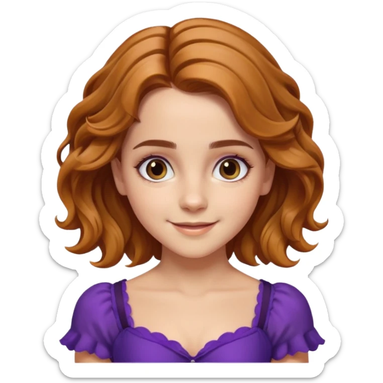 big biceps, muscled torso, very beautiful italian happy girl, looking like Emma Watson, with wavy bright hazelnut hair, dressed in a beautiful violet costume sticker