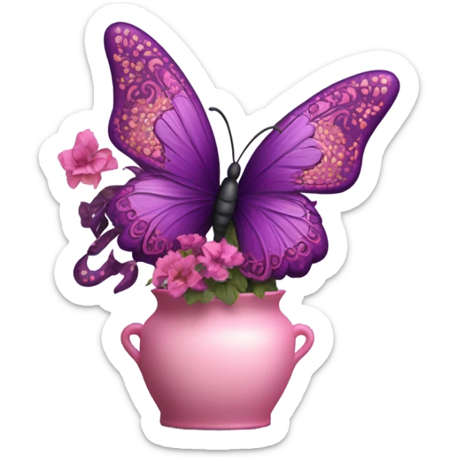 Aesthetic butterfly with purple and pink wings sitting on a dark purple bouquet of Brats in a pastel pink vase  sticker