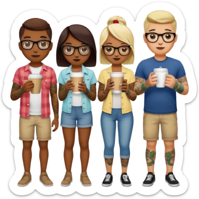 gözlük takan, dövmeli ve elinde kahve tutan, yaz kıyafetli insanlar farklı farklı,  sticker