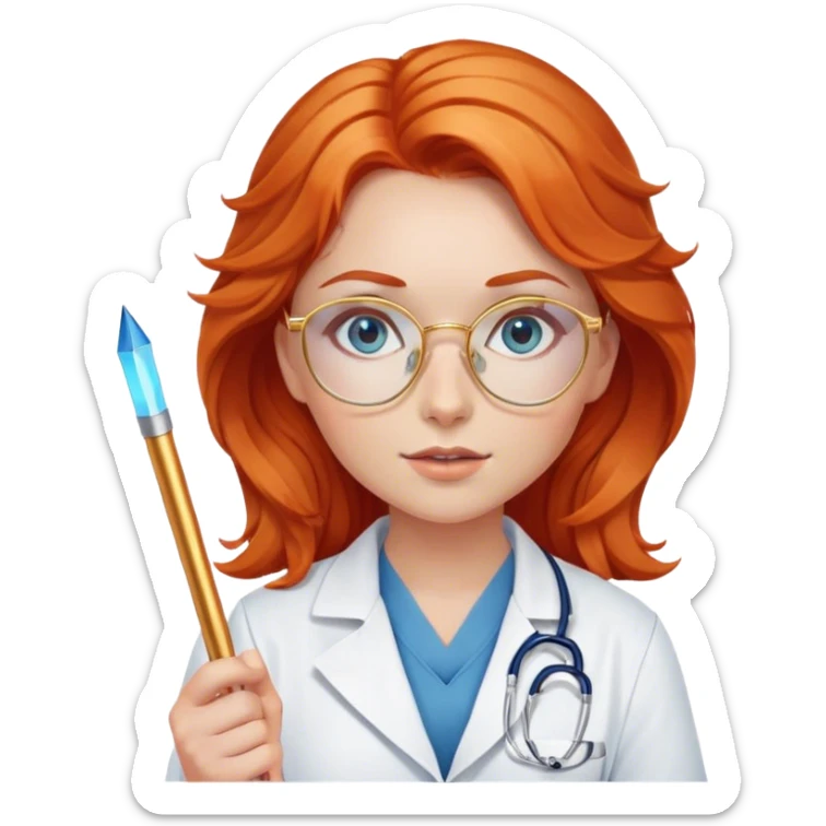 Girl doctor wavy orange red hair blue eyes in gold glasses . And  pointer sticker