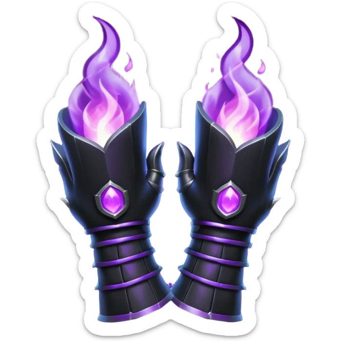 A Discord emoji of a pair of black armored gauntlets holding a flickering violet flame. The hands are positioned as if offering a gift. Dark gothic fantasy, glowing magical effects, high contrast, 2D vector style, white background. sticker