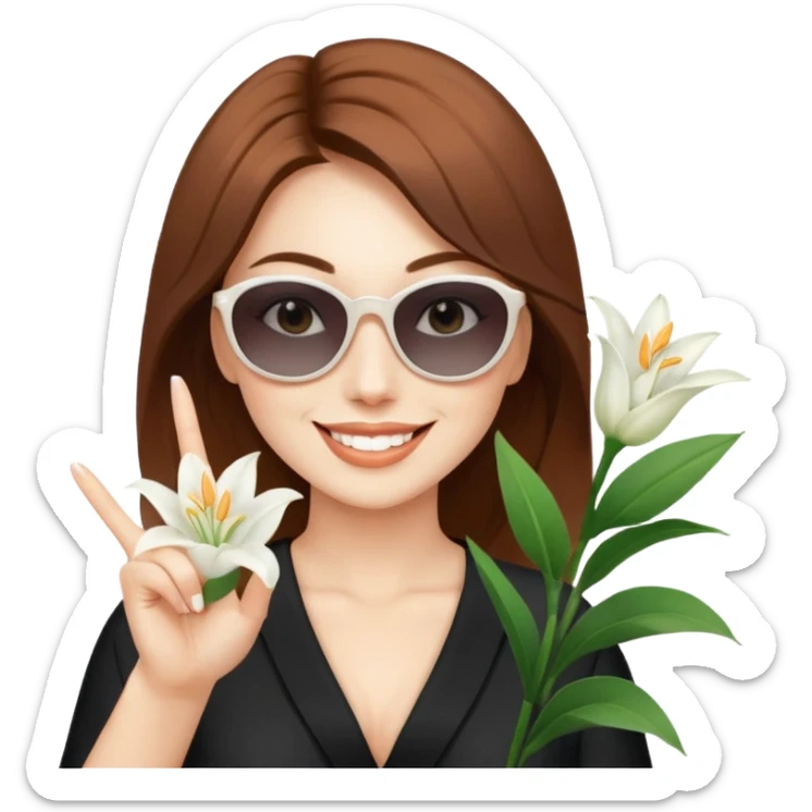 Professional sexy woman smiling holding lilies posing in shades  and flashing peace sign fingers sticker