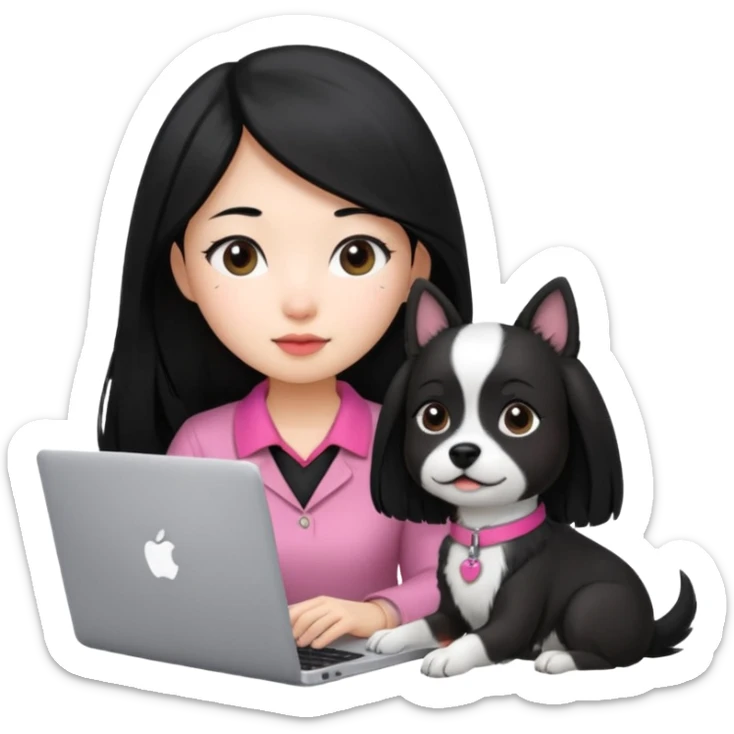 Asian girl with long black hair working on an Apple laptop, next to her is a small black and white dog with pink collar on  sticker