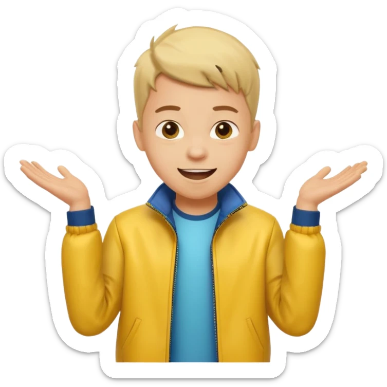 excited boy with good hair cut shrugging his shoulder, wearing yellow jacket and smile sticker