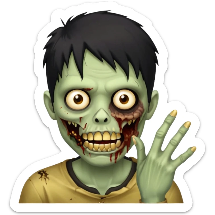 cabelo liso desordenado negro homen con aparencia de zombi y que haga un gesto mostrando los dientes de oro que se agarre la boca con la mano sticker