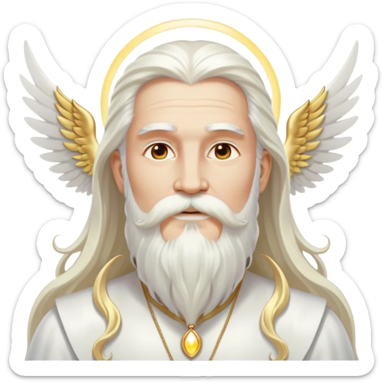God-like figure with majestic white wings, long flowing white hair, beard and mustache, wearing gold dangle earrings, glowing aura sticker