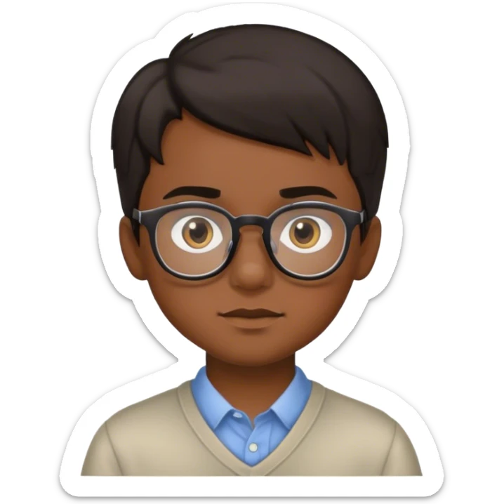 Young boy with dark hair, dark eyes and medium brown skin that wears glasses sticker