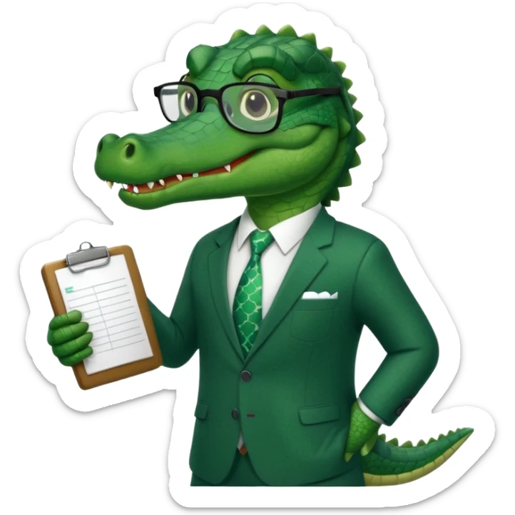 A cartoon alligator in a business suit with a clipboard and glasses sticker