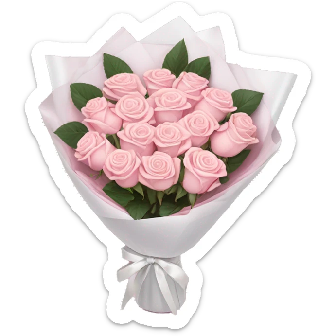light pink bouquet of roses wrapped in white wrapping paper with pink bow sticker
