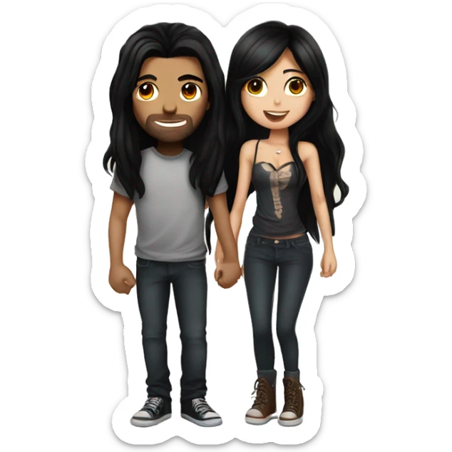 Girl with long black hair and tattoos and brunette guy kissing sticker