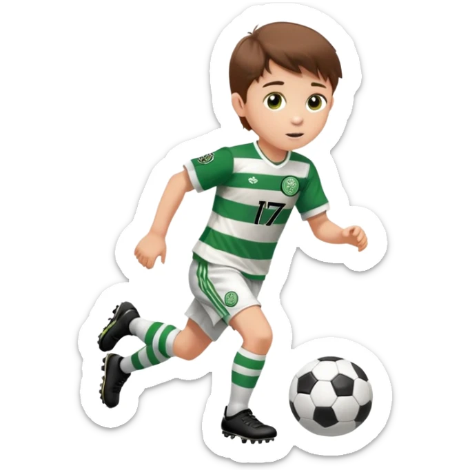 Celtic footballer jersey logo  6 years old brown hair white boy , brown eyes , stripes uniform , RUNNING  with soccer ball # 17 celtic football logo PUT ONLY ONE LOGO ONE CELTIC LOGO ONLY  sticker