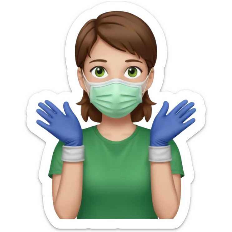 Humano de pelo marrón y ojos verdes, con un cubre boca, que tiene una camisa verde por encima de una remera blanca, y tiene un guante sin dedos en una sola de las manos sticker