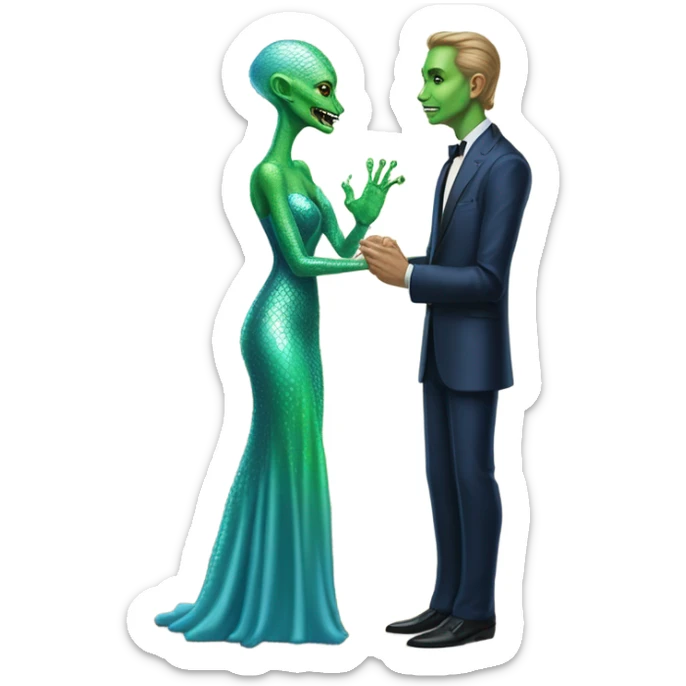 alien reptilian green skin woman, in long slim pastel blue formal party satin dress with gradient shiny sparkling navy blue diamonds embroidered , and caucasian man in black dres on his knees asks her to marry her sticker