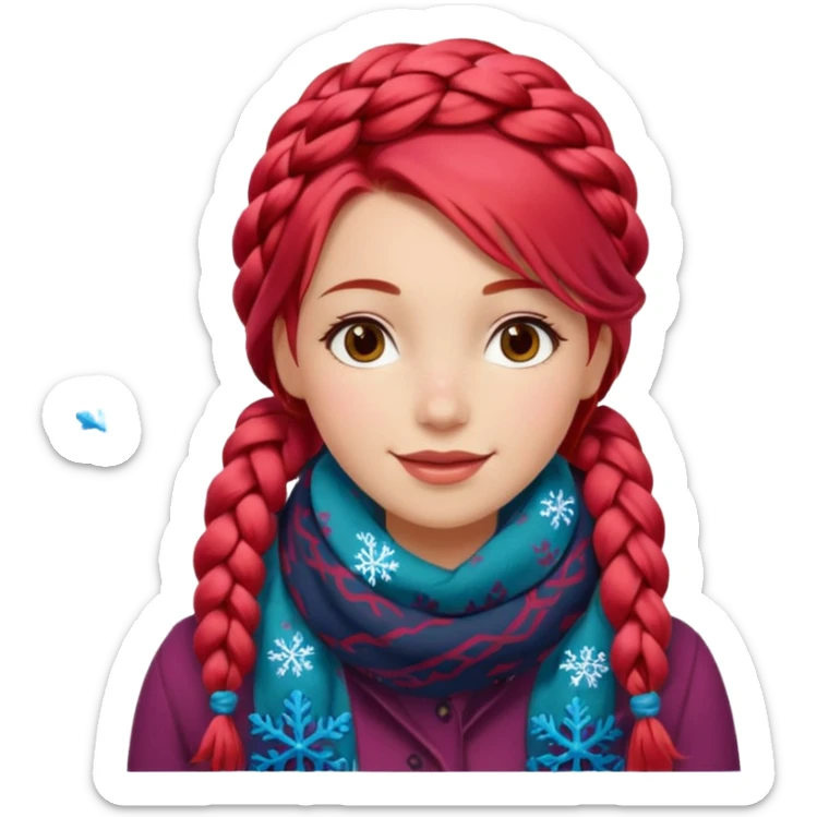 A red braid hair cheerful woman with patterned scarf, snowflakes land on her hair. sticker