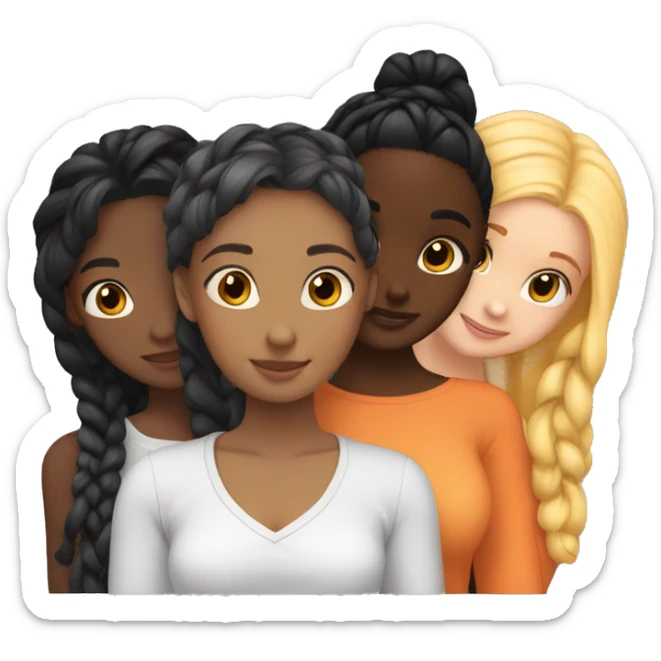Four girls hugging one blonde one orange hair one black hair with braids and dark skin and lastly one with black hair sticker