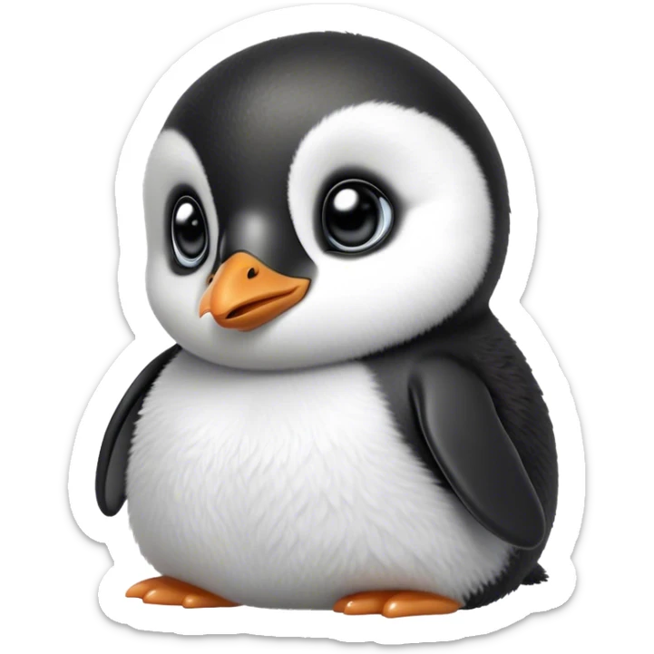 Cinematic Noble Baby Penguin Portrait Emoji, Poised with an air of innocent regality, featuring soft, downy feathers in crisp black and white and wide, soulful eyes, Simplified yet sharp and sophisticated features, highly detailed, glowing with a gentle, dignified polar glow, high shine, intelligent and charming, stylized with an air of cherubic majesty, focused and attentive, soft glowing outline, capturing the essence of a tiny arctic noble that feels as though it could waddle out of the screen with effortless authority! sticker