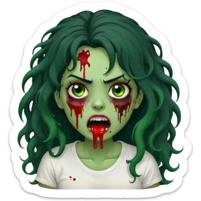 a zombie with long curly black hair volumoso, brown eyes, a white t-shirt and a splash of blood on her t-shirt, mouth open like a zombie, green skin color, not much expression, no drawing on shirt, no hands showing, less blood on her face, less blood, black hair and black eyes sticker