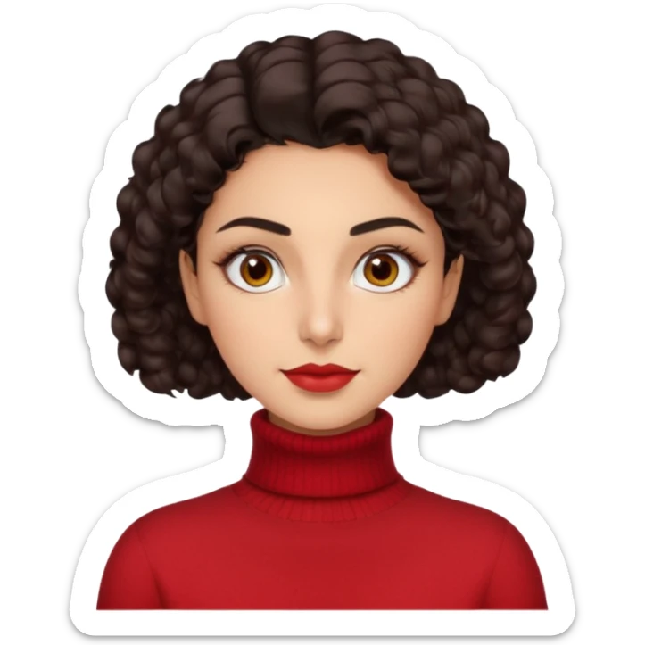 30 yr iranian woman dark brown hair curly wavy short hair, red turtle neck sweater, very thick eyebrows, light skin sticker