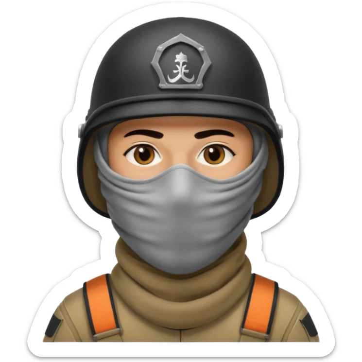 
an Iraqi soldier with a serious face, wearing a helmet and a balaclava covering his mouth sticker