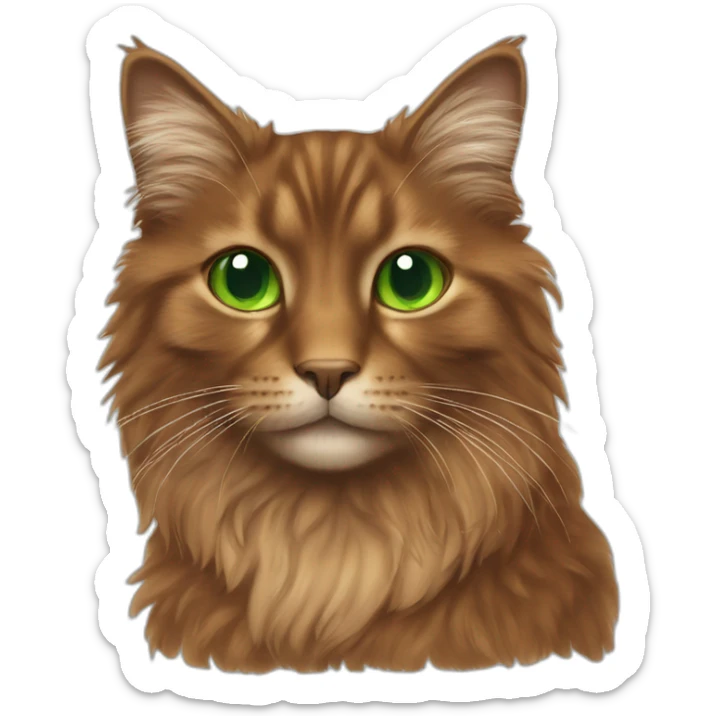 Brown fluffy cat with green eyes and and a sliver of orange fur at the top of her head sticker