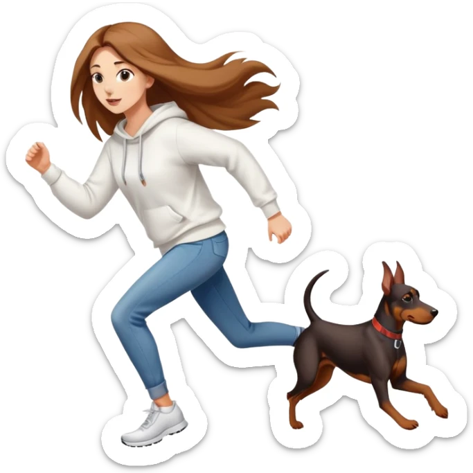 A beautiful girl with long hair wearing a white sweatshirt and jeans is running with a Doberman sticker
