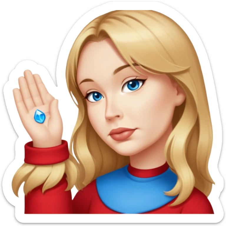 female, wearing red shirt, long mittle-blonde hair with volumnious curtan bangs sticker