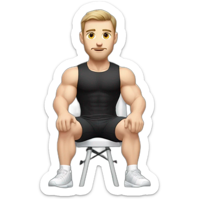 Pale skinned Fit Man With the biceps and dark brown hair in black shirt, gray sports shorts and white Sneakers Sitting on a chair sticker