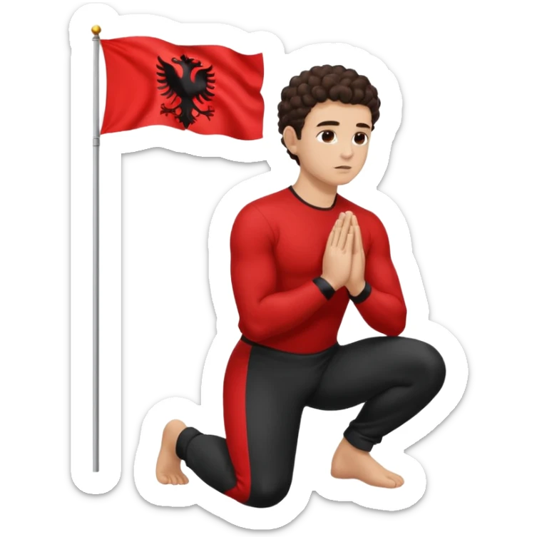 Brunette man clean shaven with slick back curly hair on his knees praying to an Albanian flag sticker