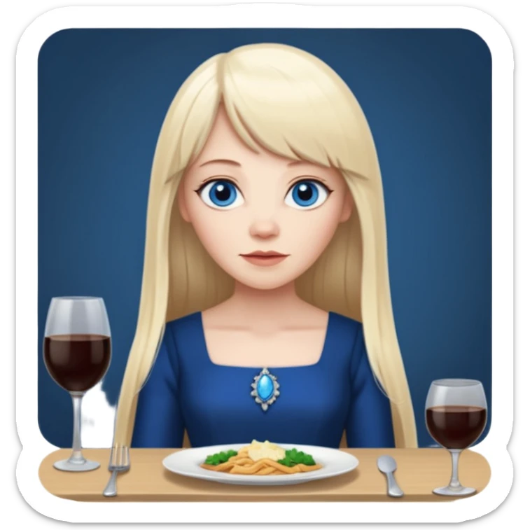 450 yr old white woman, pale skin, long straight blond hair parted in center, blue eyes, bangs, clothes for dinner sticker
