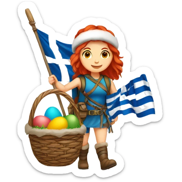 Greek Female winter mountaineer red hair white skin climbing with Greek Flag and Easter eggs basket sticker