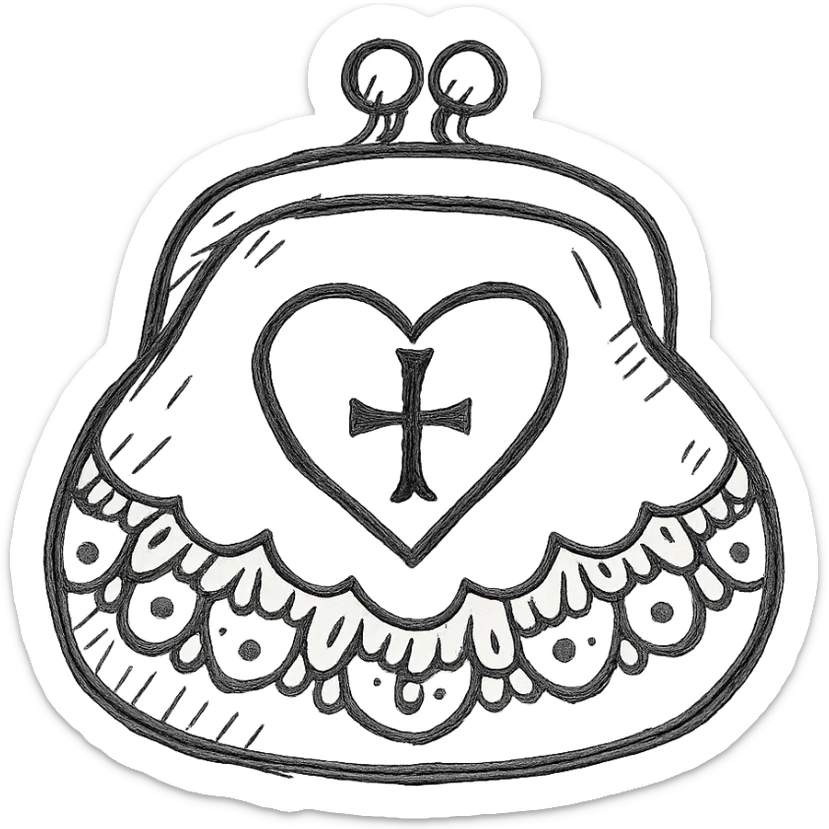 pink and black gothic coin purse, sketchy, whimsical, gothic lace accents sticker