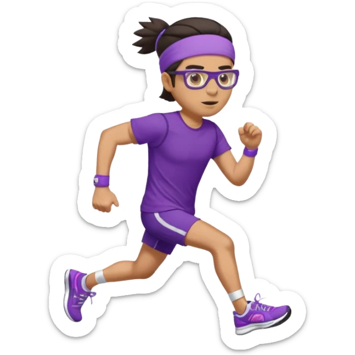 Running man in tight shorts and a purple t-shirt that says 'progressive run', with a headband, dark hair, running glasses, and stylish bright sneakers, emoji style, variation 4 sticker