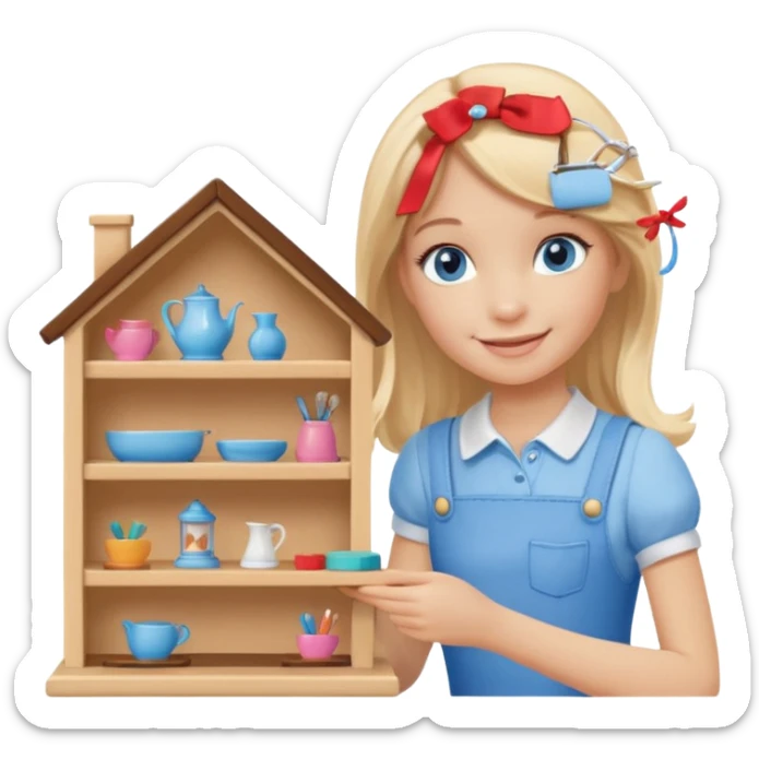 smiling girl arranging furniture in doll house sticker