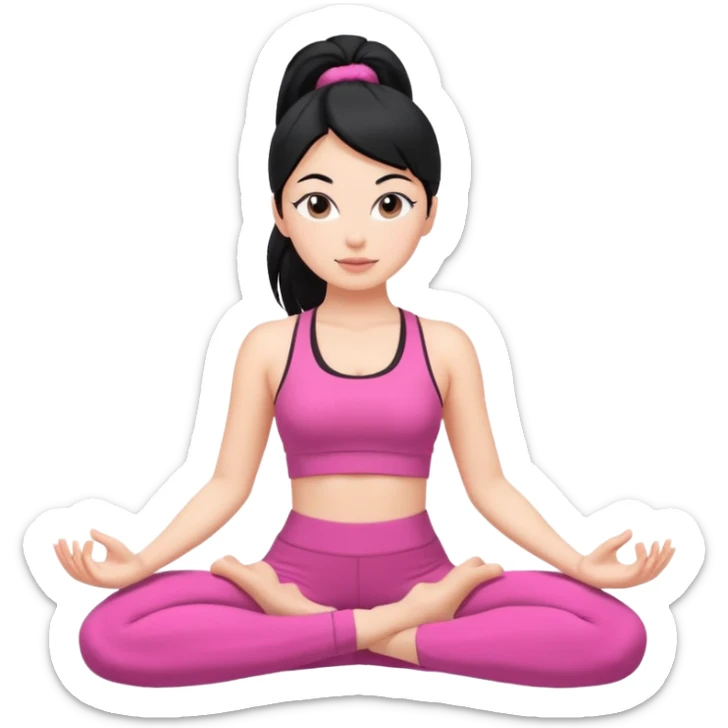 Una chica blanca con pelo negro recogido en una coleta haciendo yoga con un traje rosa  sticker