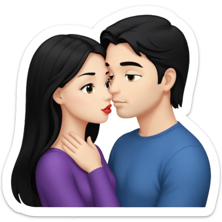 a handsome man with black hair tries to kiss a cute woman who has long black hair sticker