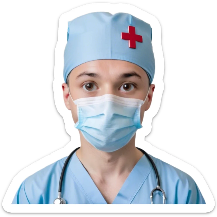 A simple and clean bust of a male surgeon wearing light blue surgical scrubs and a matching surgical cap. A minimalistic white mask covers his mouth and nose, leaving only his focused eyes visible. A small red cross emblem is subtly placed on his chest. A thin, smooth stethoscope drapes around his neck. His expression is calm and professional, reflecting precision and expertise. Behind him, a faint, abstract medical symbol (such as a heartbeat line or a surgical scalpel icon) subtly reinforces the surgical theme. The overall style is modern, sleek, and minimalistic, using smooth lines and soft shading. sticker