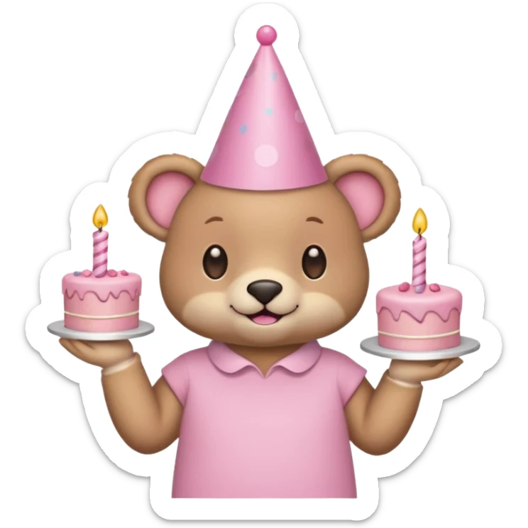 cute animal hold a pink birthday cake in both arms with pink birthday hat sticker