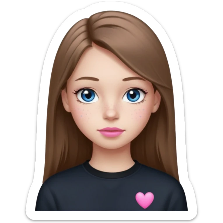 Create a teenage girl with LONG and straight light brunette hair, light skin, light freckles, and blue-grey eyes. She will have pink lips and long eyelashes. She will be wearing a black crewneck.  sticker