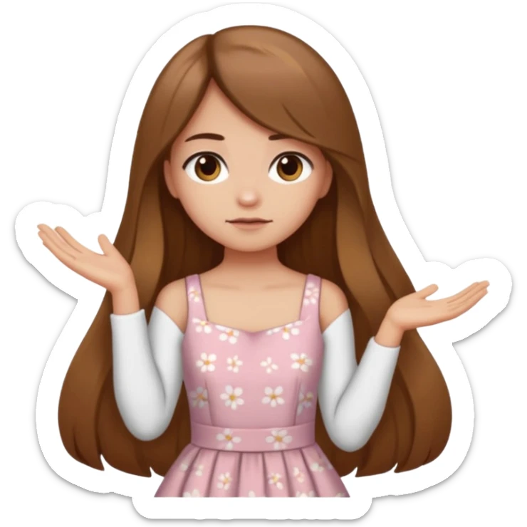 fake costumer loyalty, girl that doesn't care, she is like whatever, brown long hair, cute dres and her hand showing like i dont care whateve sticker