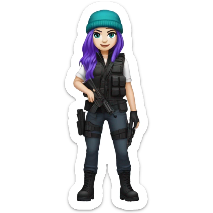 Girl, white skin, tactical vest, dark pants, long teal hair, blue eyes, purple beanie hat, gun, black combat boots sticker