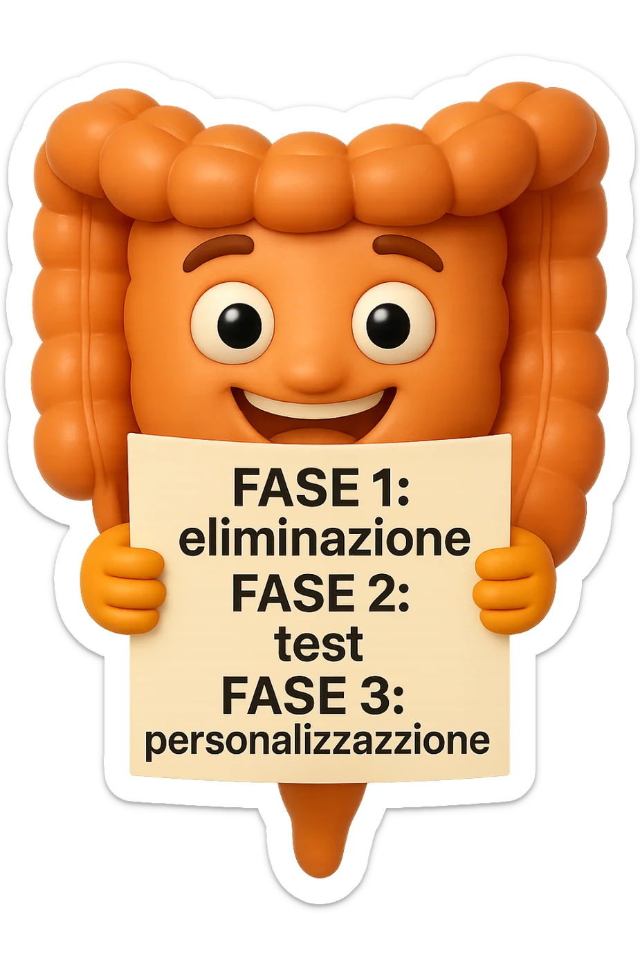emoji stile iphone 3d di un intestino che tiene in mano un foglio con la scritta "FASE 1: eliminazione, FASE 2: test, FASE 3: personalizzazione, IPERREALISTICO 4K sticker