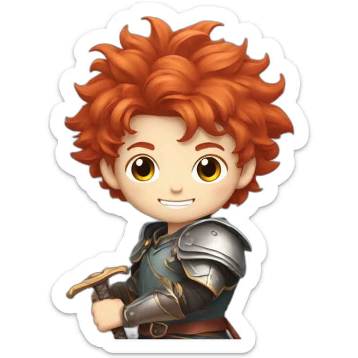 Red haired young boy with cheeky grin and pointy fluffy hair  designed in an anime type of graphic with a sword in a defense pose sticker