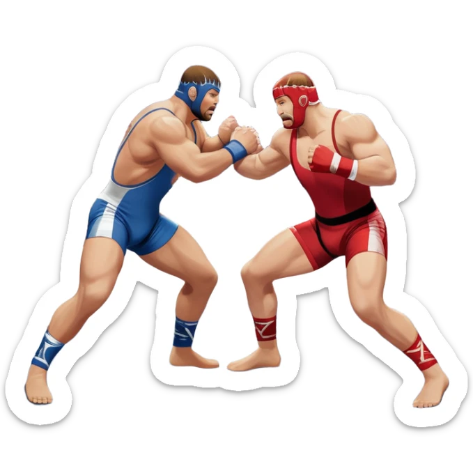 An icon depicting two wrestlers in a grappling stance on the mat, engaged in a fierce combat. One fighter attempts a takedown, while the other resists. The background shows a wrestling arena with bright lights and spectators around the edge of the ring. Transparent background  sticker