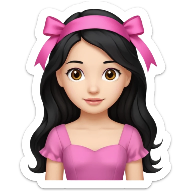 Beautiful girl with long black hair in a half-up half-down hairstyle with pink ribbon tying the top half, waves at the ends, brown eyes, light skin, slight smile, and pink dress sticker