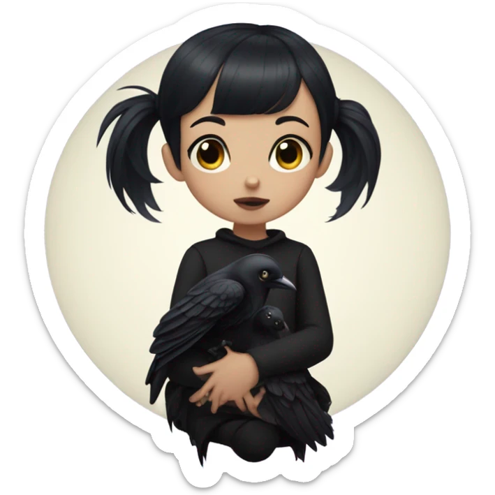 goth girl with black short hair and baby bangs with a black raven sitting on a shoulde  sticker