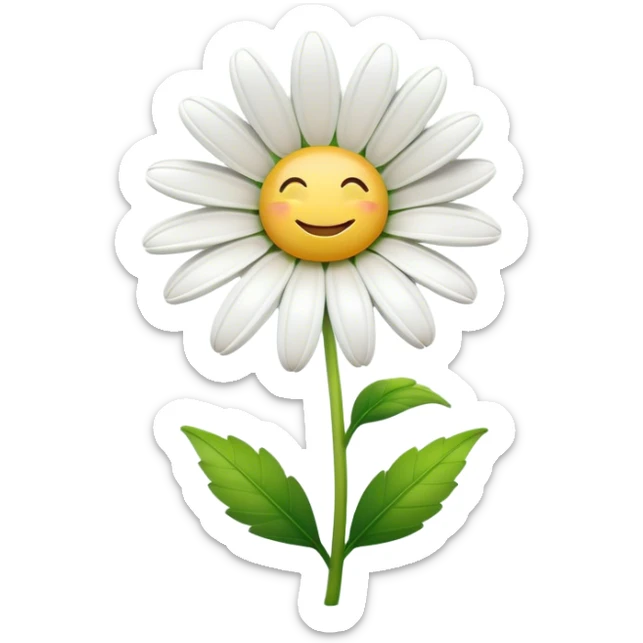 Cinematic Realistic Daisy Emoji, Cheerful and pure, with bright white petals surrounding a sunny yellow center, standing proudly atop a slender green stem. The soft, vibrant petals seem to radiate positivity, while a few green leaves frame the delicate flower. Soft glowing outline, capturing the essence of simplicity, innocence, and happiness in a single daisy. sticker