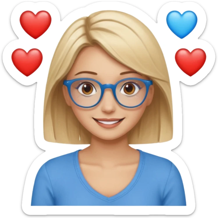 Asthectic pretty Blonde women brown eyes, blue glasses, wearing a brown top and smiling with hearts around her. sticker