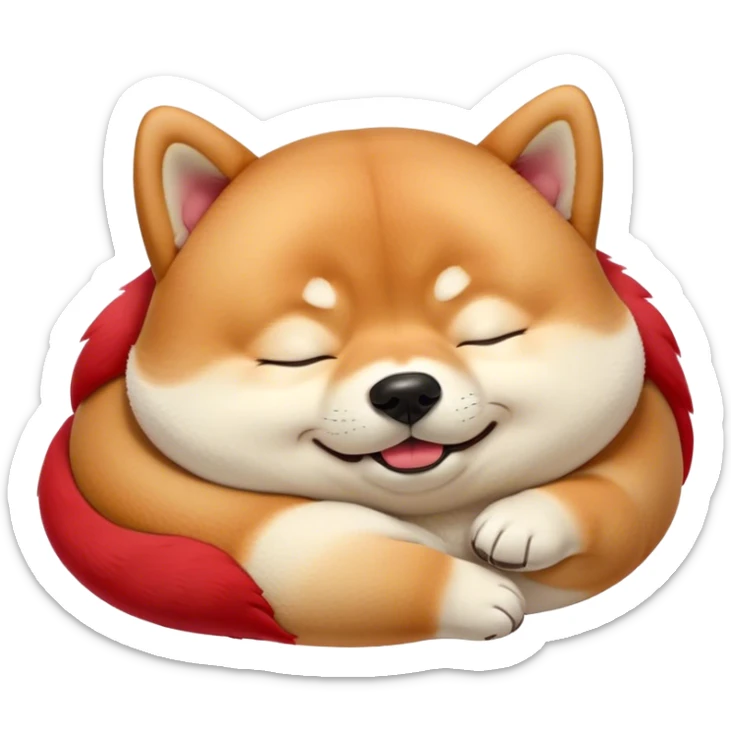 Cinematic Meme-Worthy Chubby Sleeping Shiba Inu Portrait Emoji, Head resting peacefully with a contented smile, featuring a delightfully chubby build and a luxuriously soft red fur with a creamy underbelly, eyes shut in a serene nap, Simplified yet hilariously adorable features, highly detailed, glowing with a soft, drowsy light, high shine, relaxed and utterly lovable, stylized with an air of playful laziness, bright and endearing, soft glowing outline, capturing the essence of a comically sleepy companion, so meme-worthy it feels like it could instantly become the next viral sensation of adorable slumber! sticker