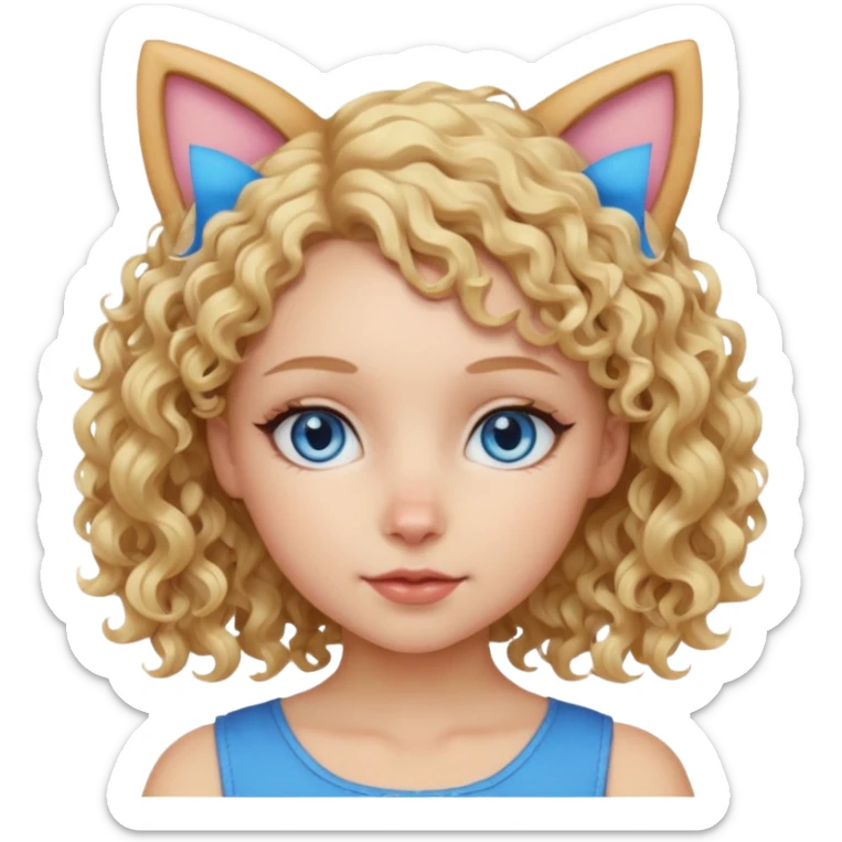 Girl with blond curly hair and blue eyes. She has cats ears sticker
