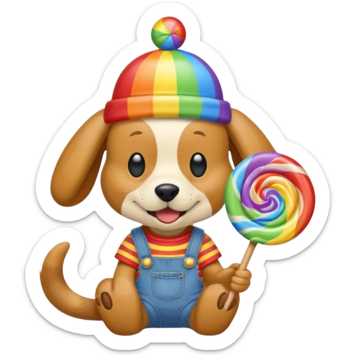 Generate a emoji of a dog with a comically large rainbow swirly lollipop with a goofy silly propeller hat, make the dog wear a striped bright yellow, red, and blue shirt with jean overalls sticker